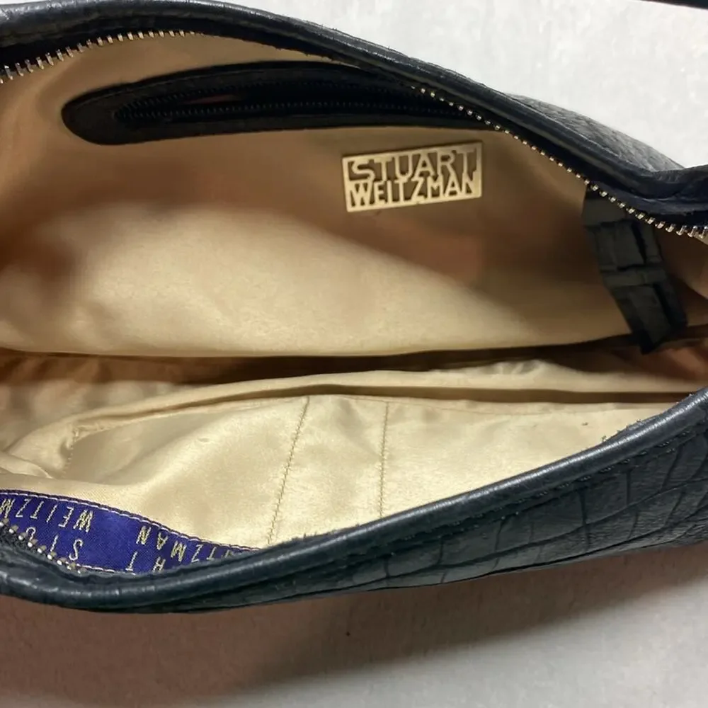 Stuart Weitzman Black Crocodile-Embossed Leather Hobo Bag Silver Hardware